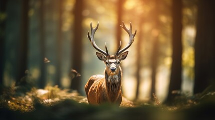 A young deer walks in the forest. Copy space