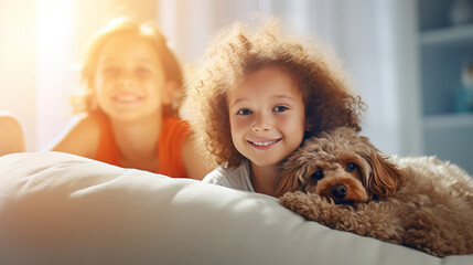 A cute girl and her dog are relaxing and playing on the bed. Friendship between a child and a dog