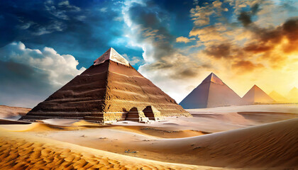 egyptian pyramids on the background of the desert sands created with the help of artificial intelligence - obrazy, fototapety, plakaty