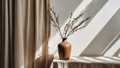 aesthetic home interior decoration brown vase with branches on table empty white wall beige linen curtain with sunlight shadows lifestyle neutral elegant still life