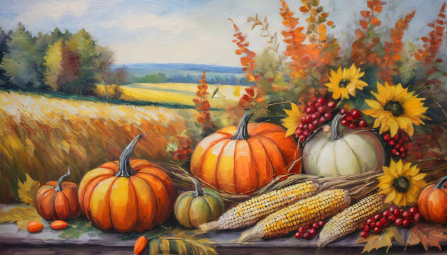 a painting of a fall scene with pumpkins and corn generative ai
