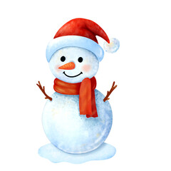 Happy snowman in red hat. Cute character on a white background. Digital watercolor.