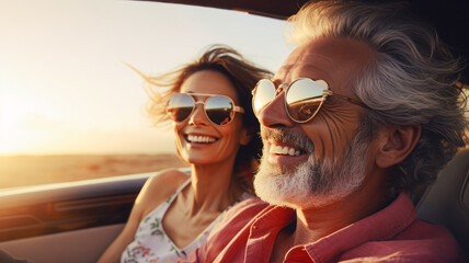 A happy, old husband and wife couple enjoying their retirement - driving a convertible while on a road trip. - obrazy, fototapety, plakaty