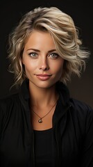 Fototapeta premium Portrait of cheerful attractive middle aged blonde woman smiling at camera, posing on background, demonstrating glowing perfect skin, copy space. Woman portrait illustration. Generative AI art