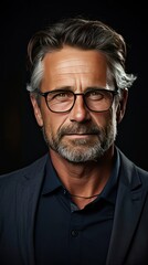 Obraz premium Portrait of a mature businessman wearing glasses on background. Happy senior latin man looking at camera over grey wall with copy space. Man portrait illustration. Generative AI