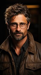 Obraz premium Middle-aged guy with trendy eyeglasses. Man portrait illustration. Generative AI