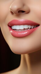Close up portrait of beautiful wide smile with whitening teeth of young fresh woman over background, dental care. Dental care illustration. Generative AI