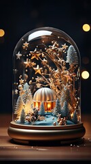 Merry Christmas. Atmospheric winter time. Stylish christmas snow globe on background of christmas tree in lights in festive decorated boho room. Christmas snow globe. Generative AI