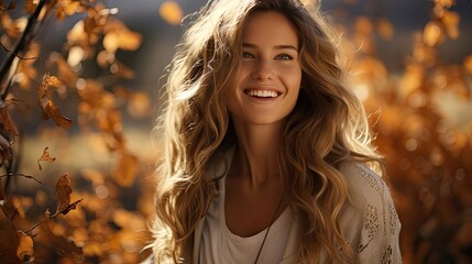 Young blonde woman smiling at the park. Woman portrait illustration. Generative AI