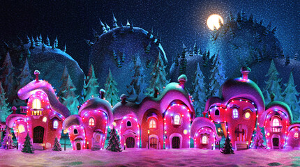 Night view of Fairy village decorated with Christmas forest and mountains around. Beautiful houses with lights. 3D rendering Illustration