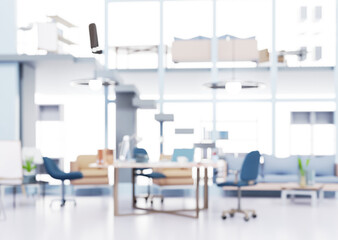 Big modern office open space interior blurred background. 3D rendering illustration