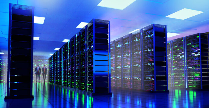 Business people inspecting big modern server room with lots of super computer racks. 3d Rendering illustration