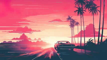 Summer vibes 80s style with a car going to the city - obrazy, fototapety, plakaty