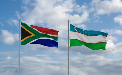 Uzbekistan and South Africa flags, country relationship concept