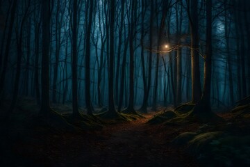 A realistic, eerie, and scary woodland at night