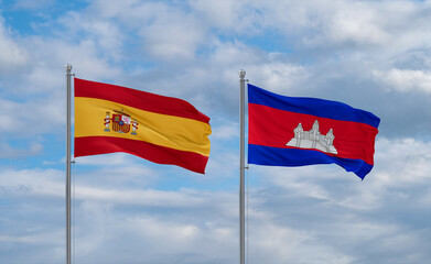 Cambodia and Spain flags, country relationship concept