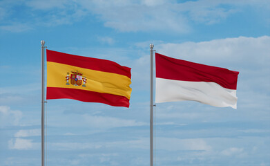 Indonesia and Spain flags, country relationship concept