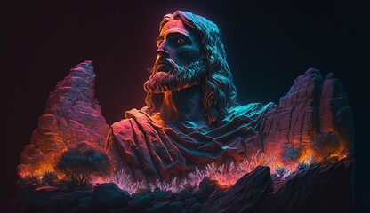 Lord Jesus rock neon lights sleeping cave resurrection illustration image AI generated art - obrazy, fototapety, plakaty