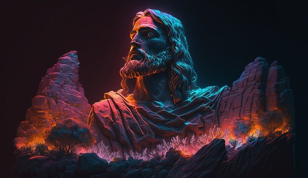 Lord Jesus rock neon lights sleeping cave resurrection illustration image AI generated art