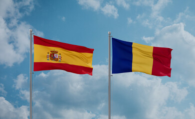 Romania and Spain flags, country relationship concept