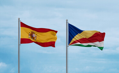 Seychelles and Spain flags, country relationship concept