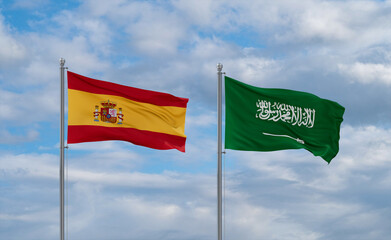 Spain and Saudi Arabia flags, country relationship concepts