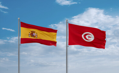 Tunisia and Spain flags, country relationship concept