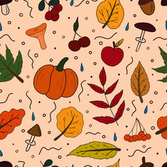Doodle colorful autumn seamless pattern with fall leaves, fruits, pumpkins and mushrooms. Template for textiles, packaging and cards.