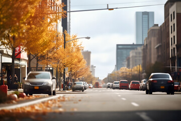 American downtown street view at autumn morning. Neural network generated image. Not based on any...