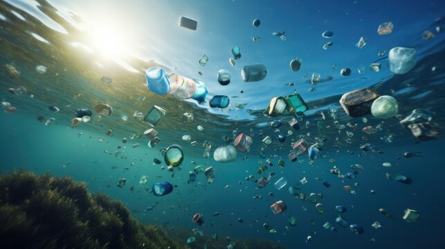 An illustration depicting the issue of plastic bottles and microplastics afloat in the open ocean, conveying the concept of marine plastic pollution. This 3D artwork sheds light on the environmental