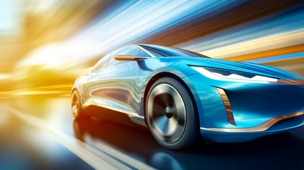 Fotobehang Futuristic sports car on highway, powerful acceleration of a supercar on a day track with motion blur lights and trails © Artofinnovation