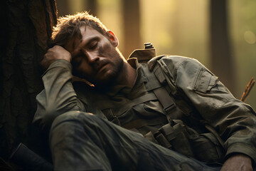 Fototapeta premium dirty tired soldier sleeps sitting on deep forest floor at summer day. Neural network generated image. Not based on any actual person or scene.