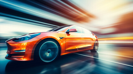 Futuristic sports car on highway, powerful acceleration of a supercar on a day track with motion blur lights and trails - obrazy, fototapety, plakaty