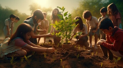 Teachers and elementary school children are planting trees together. Anurak nature It is a way to cultivate good conscience in children. - obrazy, fototapety, plakaty