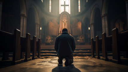 Male praying inside of christian church, concept of religion faith and christianity