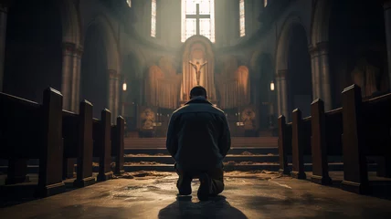 Foto op Plexiglas Male praying inside of christian church, concept of religion faith and christianity © Artofinnovation