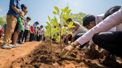 Naklejka premium Teachers and elementary school children are planting trees together. Anurak nature It is a way to cultivate good conscience in children.
