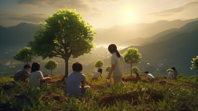 Teachers and elementary school children are planting trees together. Anurak nature It is a way to cultivate good conscience in children.