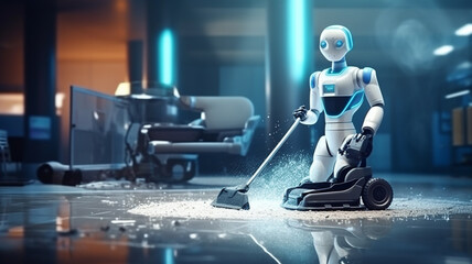 Robot cleans big room, office or laboratory. Professional robot cleaner robotic janitor. 
Artificial intelligence futuristic technology concept - obrazy, fototapety, plakaty