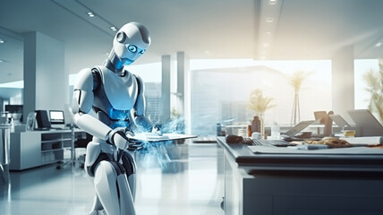 Robot cleans big room, office or laboratory. Professional robot cleaner robotic janitor. 
Artificial intelligence futuristic technology concept