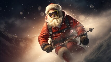 Atmospheric portrait of Santa Claus skiing downhill in high mountains through the snow