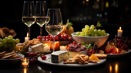 elegant dining table with a lot of appetizers such as wine and grapes