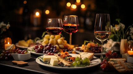Fototapeta na wymiar elegant dining table with a lot of appetizers such as wine and grapes