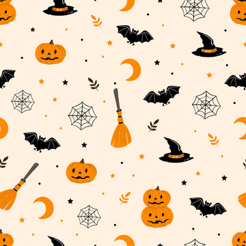 Seamless pattern with halloween elements. Scary pumpkins, bat, witch's broom and hat, web, moon and stars. Spooky doodle texture for design and print. Hand drawn vector illustration
