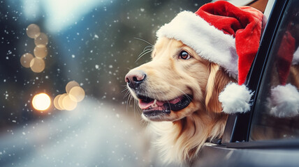 Cute dog animal pet with santa christmas hat looking out of the car during winter