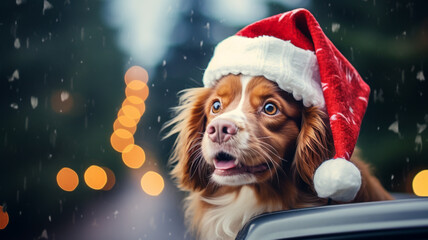 Cute dog animal pet with santa christmas hat looking out of the car during winter