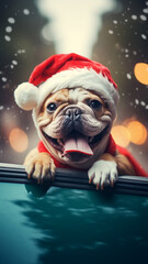 Cute dog animal pet with santa christmas hat looking out of the car during winter - obrazy, fototapety, plakaty
