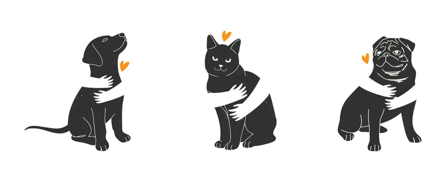 domestic cat and dog simple minimal silhouette. human hands hugging animal. logo icon infographic for veterinary, pet shelter, pet adoption and animal charity on transparent background