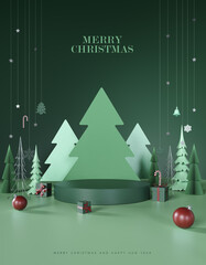 Green paper pine trees with empty stage for product presentation. Christmas mockup green background with empty podium and Christmas decoration. 3D Rendering, 3D Illustration