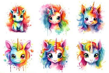 A set of six different colored unicorns, watercolor clipart on white background.
